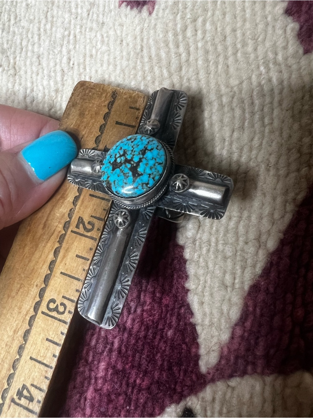 Sandra Nez Navajo Kingman Turquoise Sterling Silver Cross Ring Size 10 - Picture 14 of 15